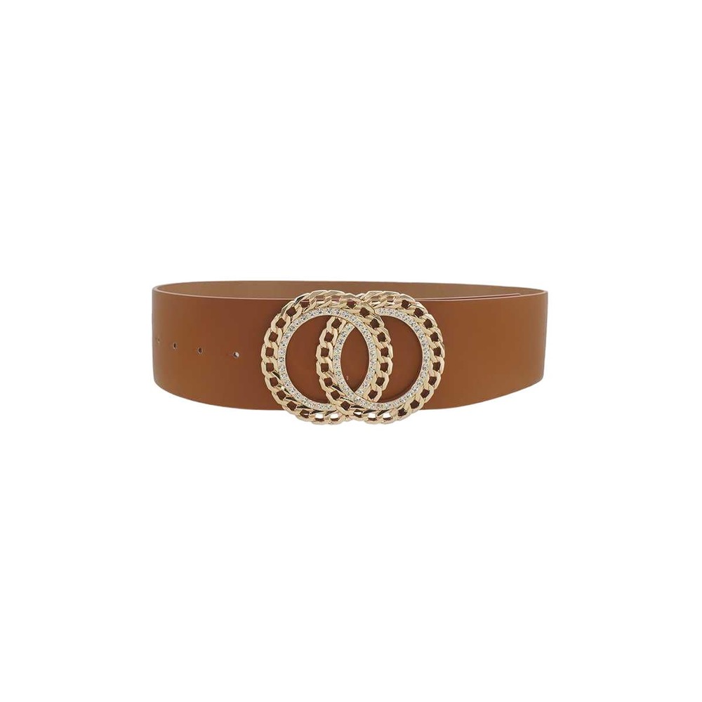 Double Circle Chain And Rhinestone Trim Design Belt-TAN